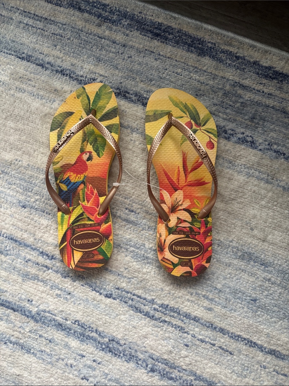 Havaianas 7/8 Yellow Tropical Parrot Flip Flops with Bronze Straps